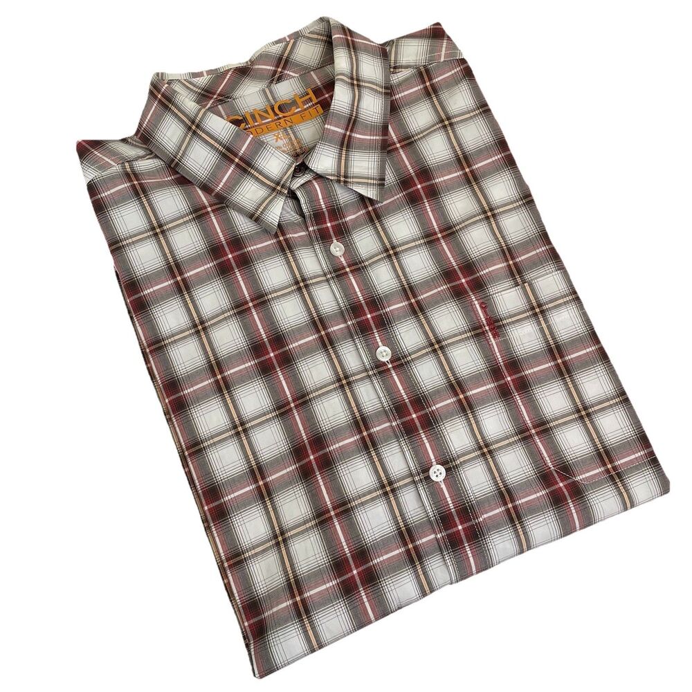 Cinch Western Shirt Mens Plaid Long Sleeve Modern Fit Cotton Red Windowpane- XL